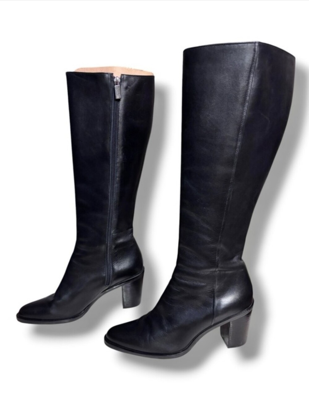 ENZO ANGIOLINI Black Leather Side Zip Block Heel Knee Boots Helmer Size 7.5 - Picture 4 of 9
